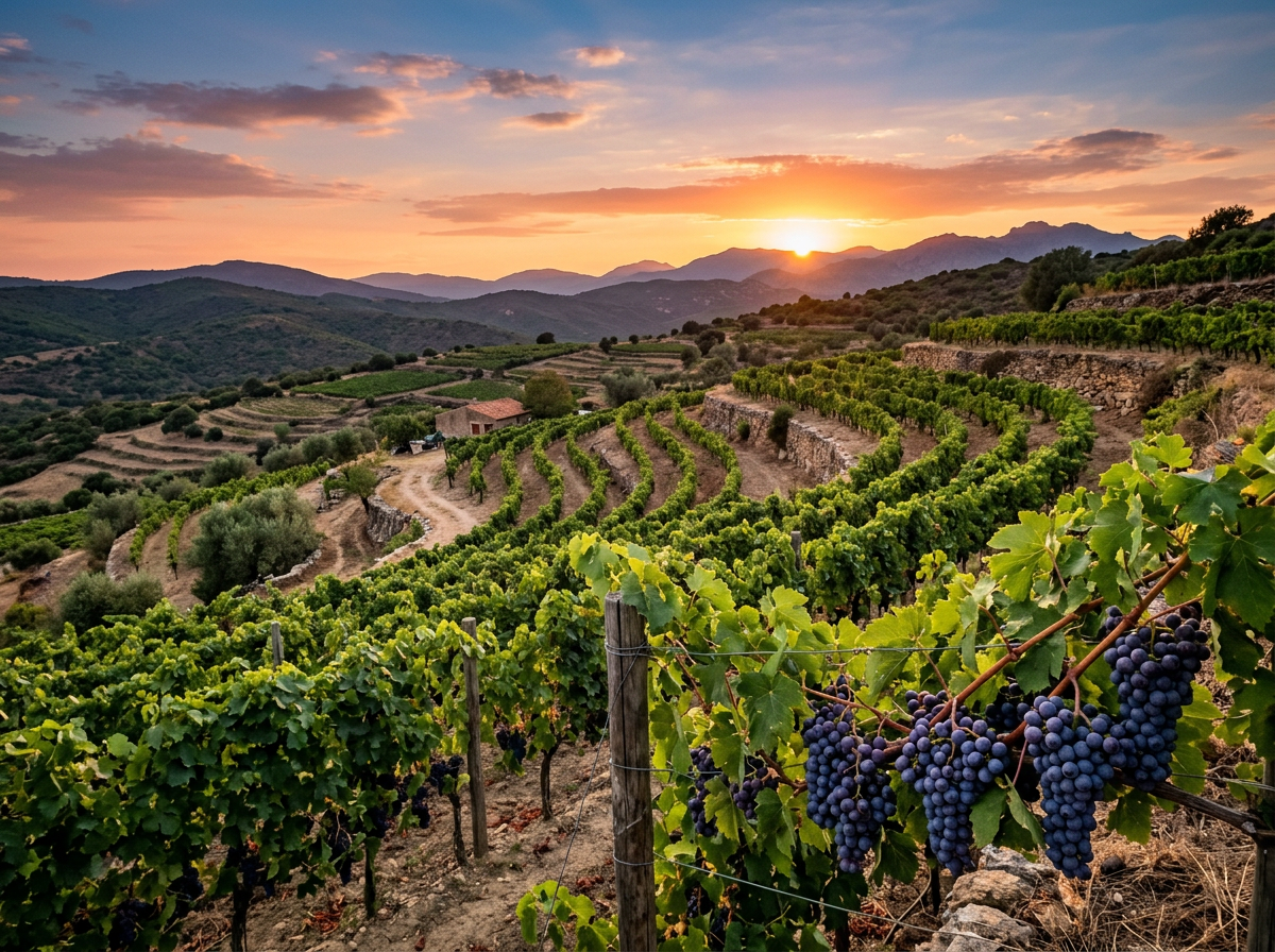 Vineyard with ripe purple grapes on terraced hills during sunset.