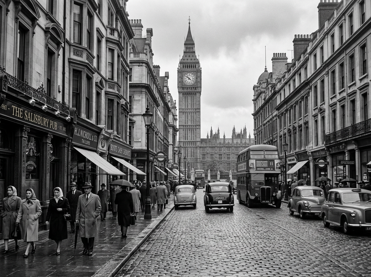 Vintage London street with pedestrians, old cars, double-decker bus and Big Ben