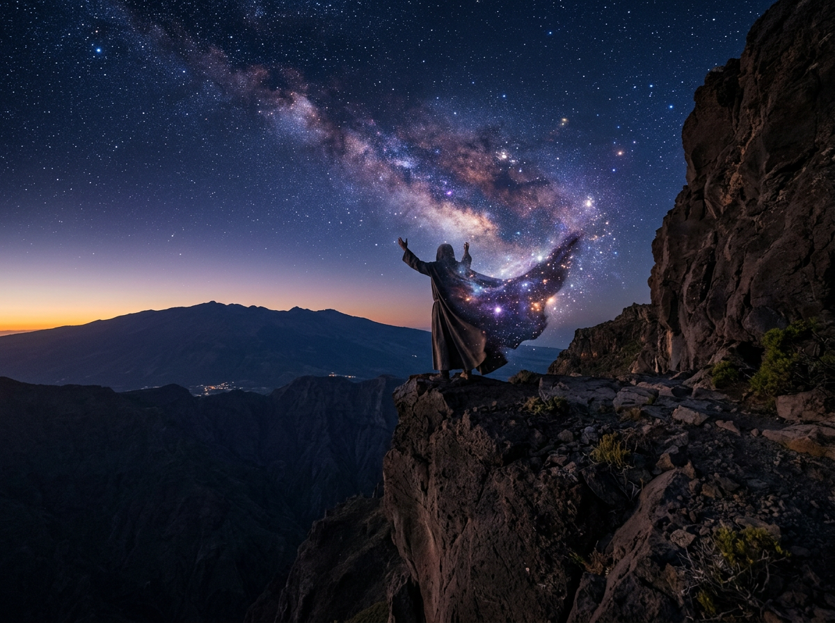Person in robe standing on cliff with galaxy blending into cloak under starry night sky
