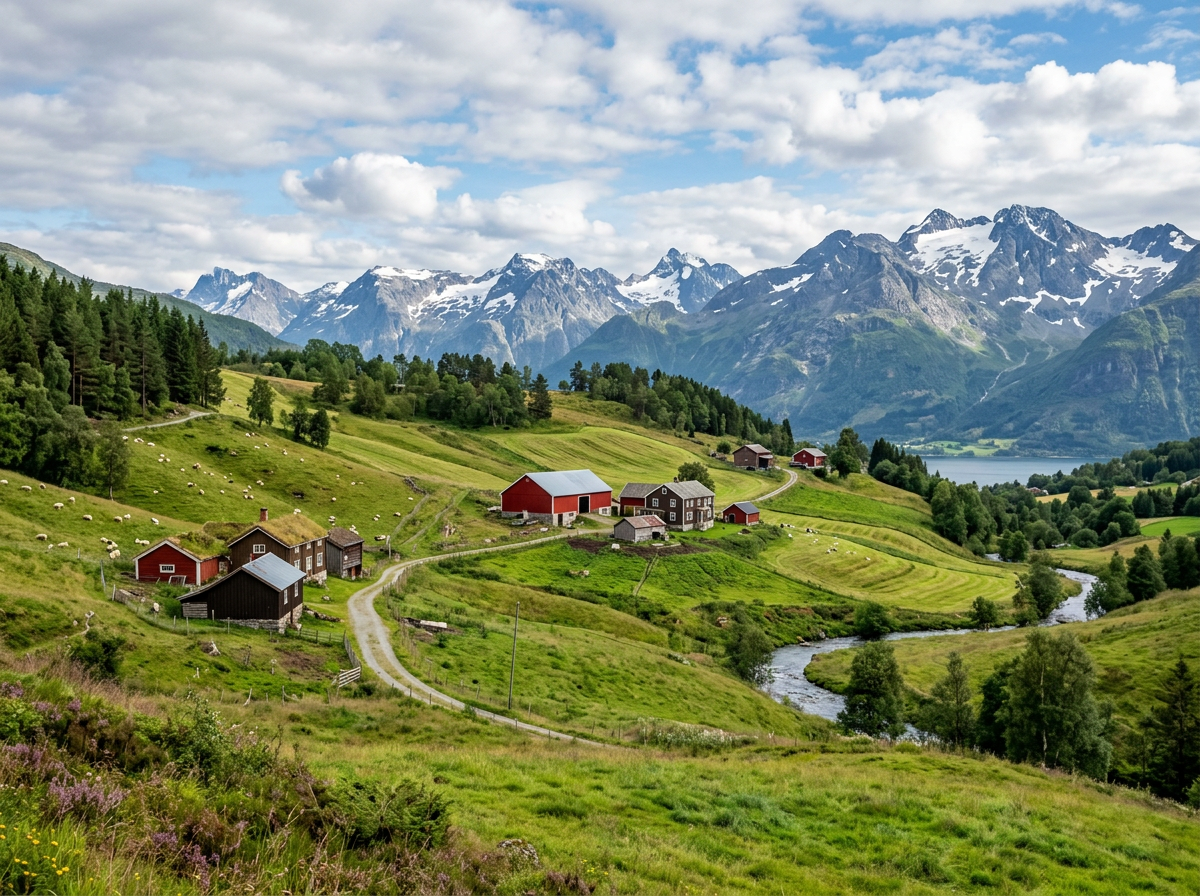 Farm buildings on a green hillside near a winding river and fjord with snow-capped mountains behind