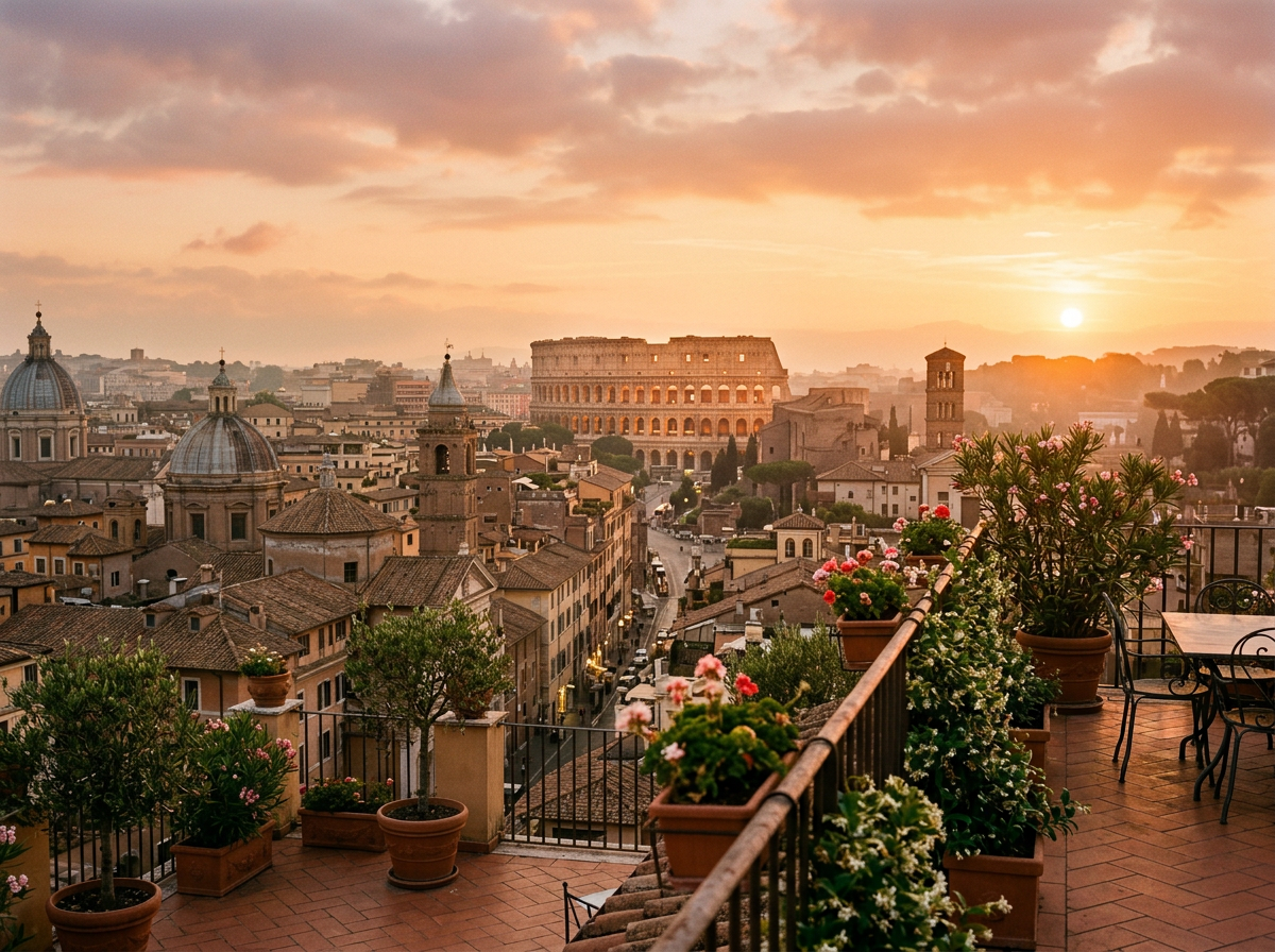 Terrace with potted plants overlooking Rome skyline and Colosseum at sunset
