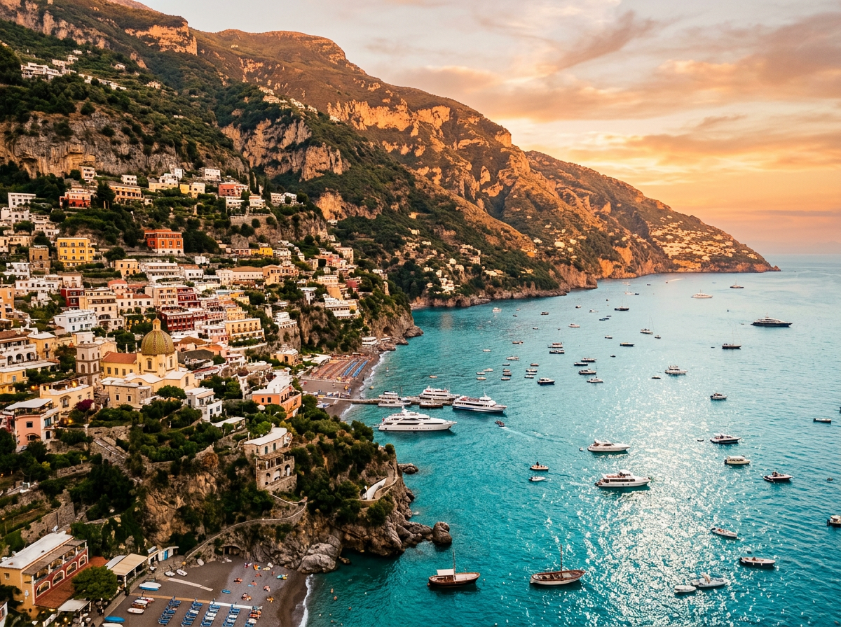Colorful houses on steep cliffs above a beach and turquoise sea filled with boats at sunset