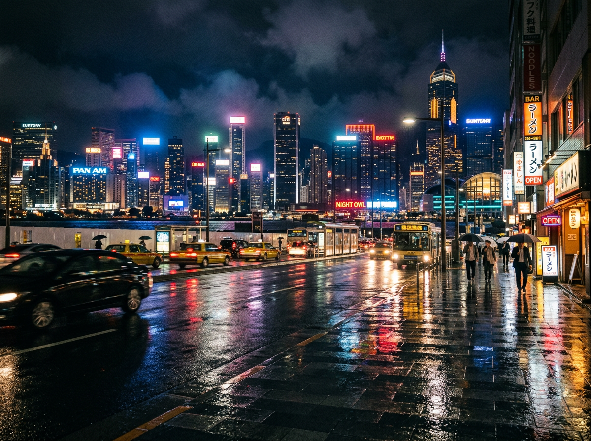 City street at night with neon signs, wet pavement, taxis, buses, and pedestrians with umbrellas