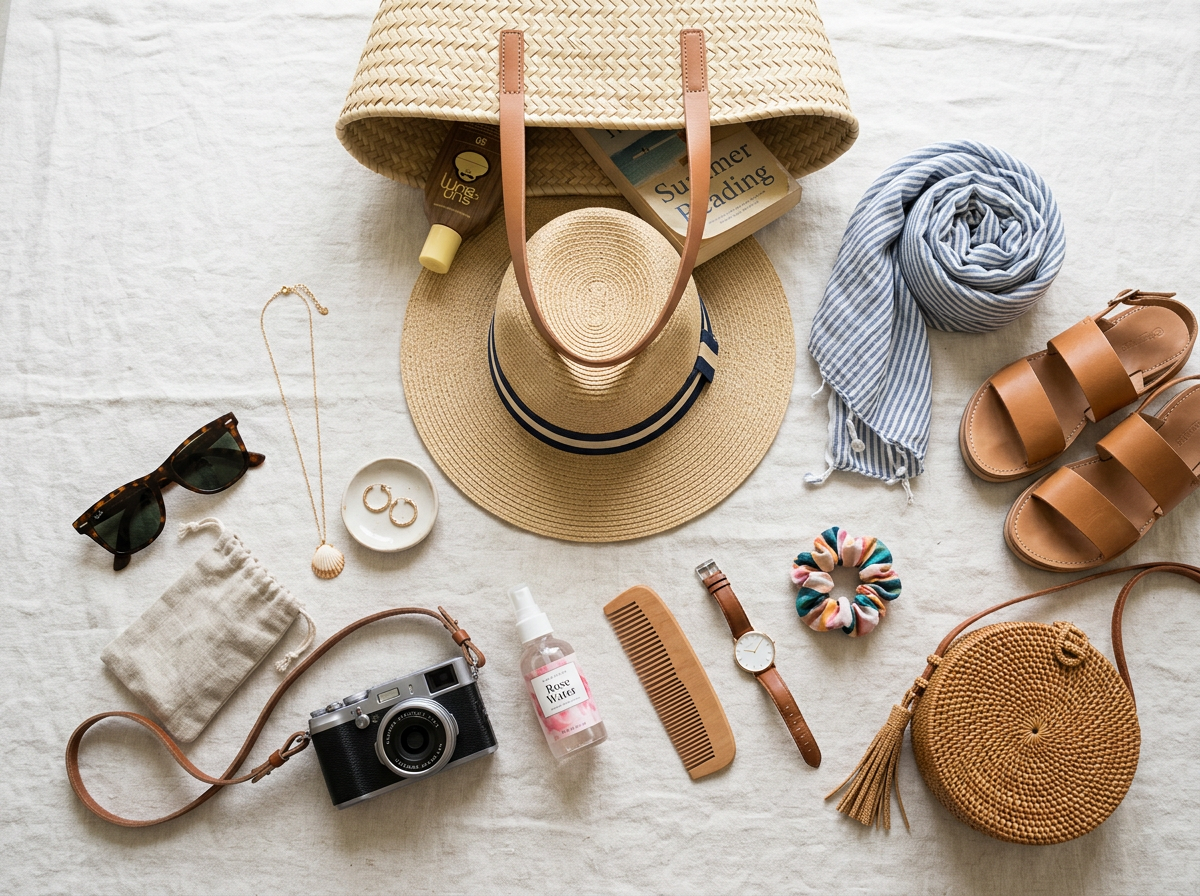 Summer accessories including straw hat, sunglasses, sandals, camera, scarf, watch, and bag