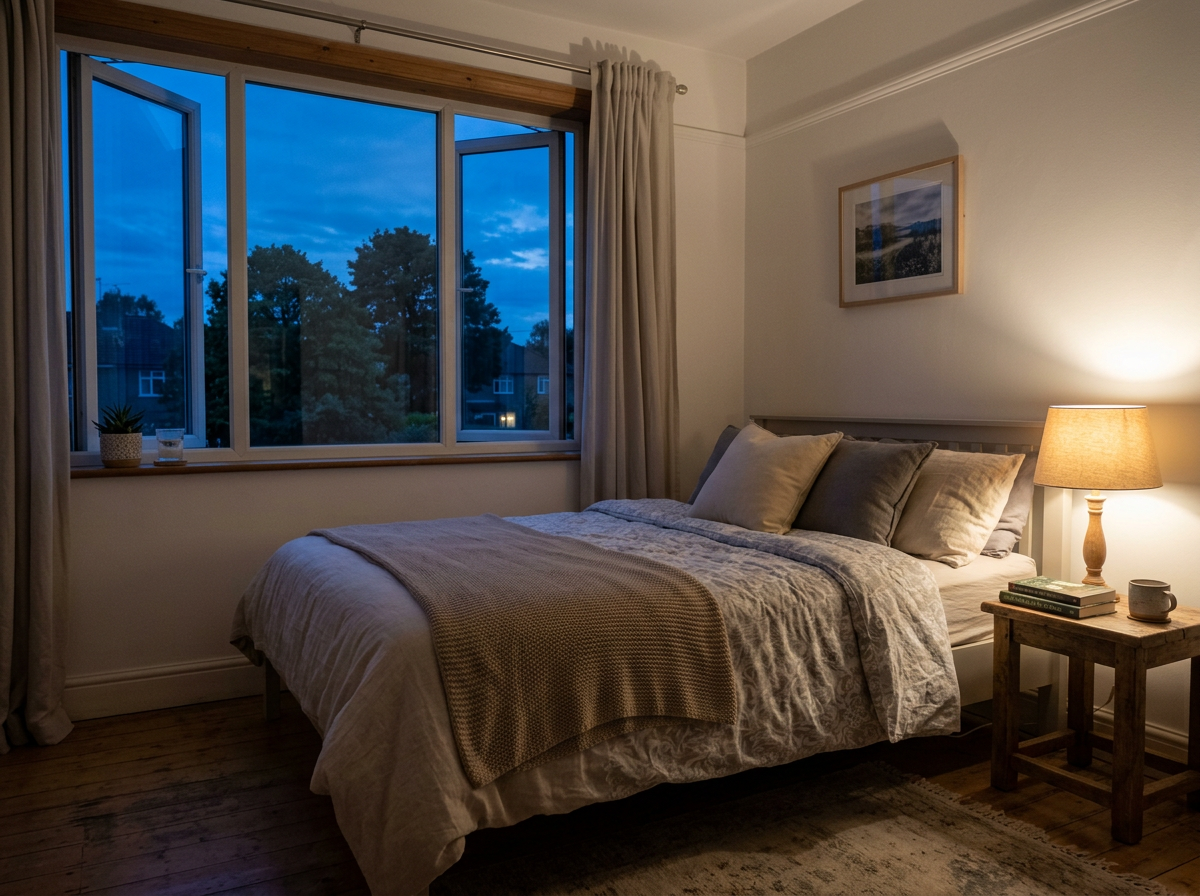 Bedroom with made bed, bedside lamp, wooden floor, and open window showing blue evening sky