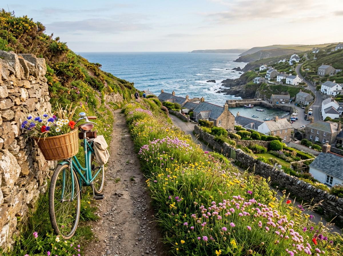 Bicycle with flowers on path overlooking coastal village and sea