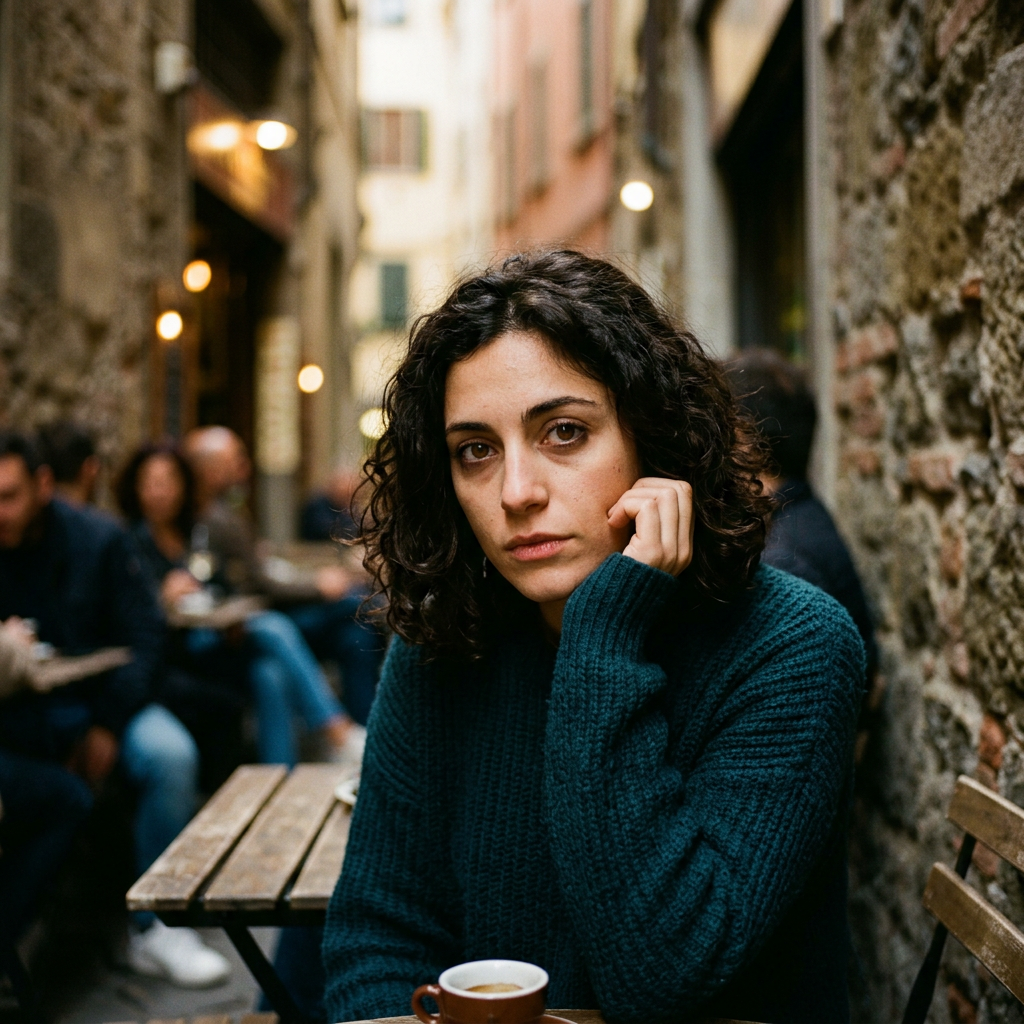Scena intimista donna sguardo intenso atmosfera psicologica