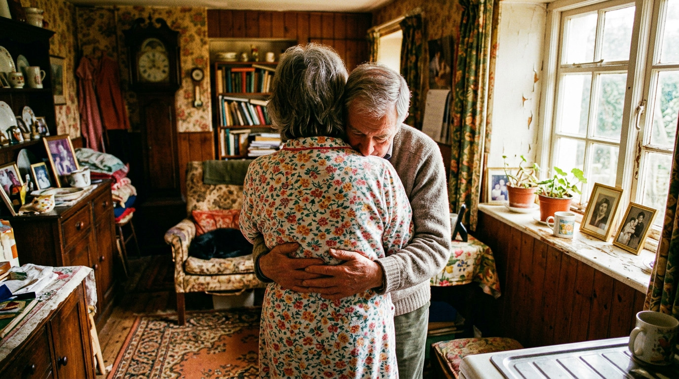 Intimate domestic memory scene in old house
