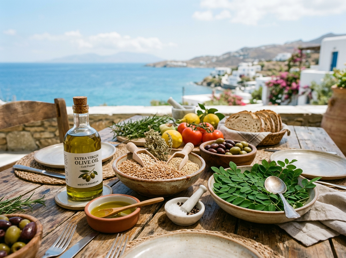 Rustic table with olive oil, grains, tomatoes, olives, bread, herbs, and greenery overlooking a coastal sea view
