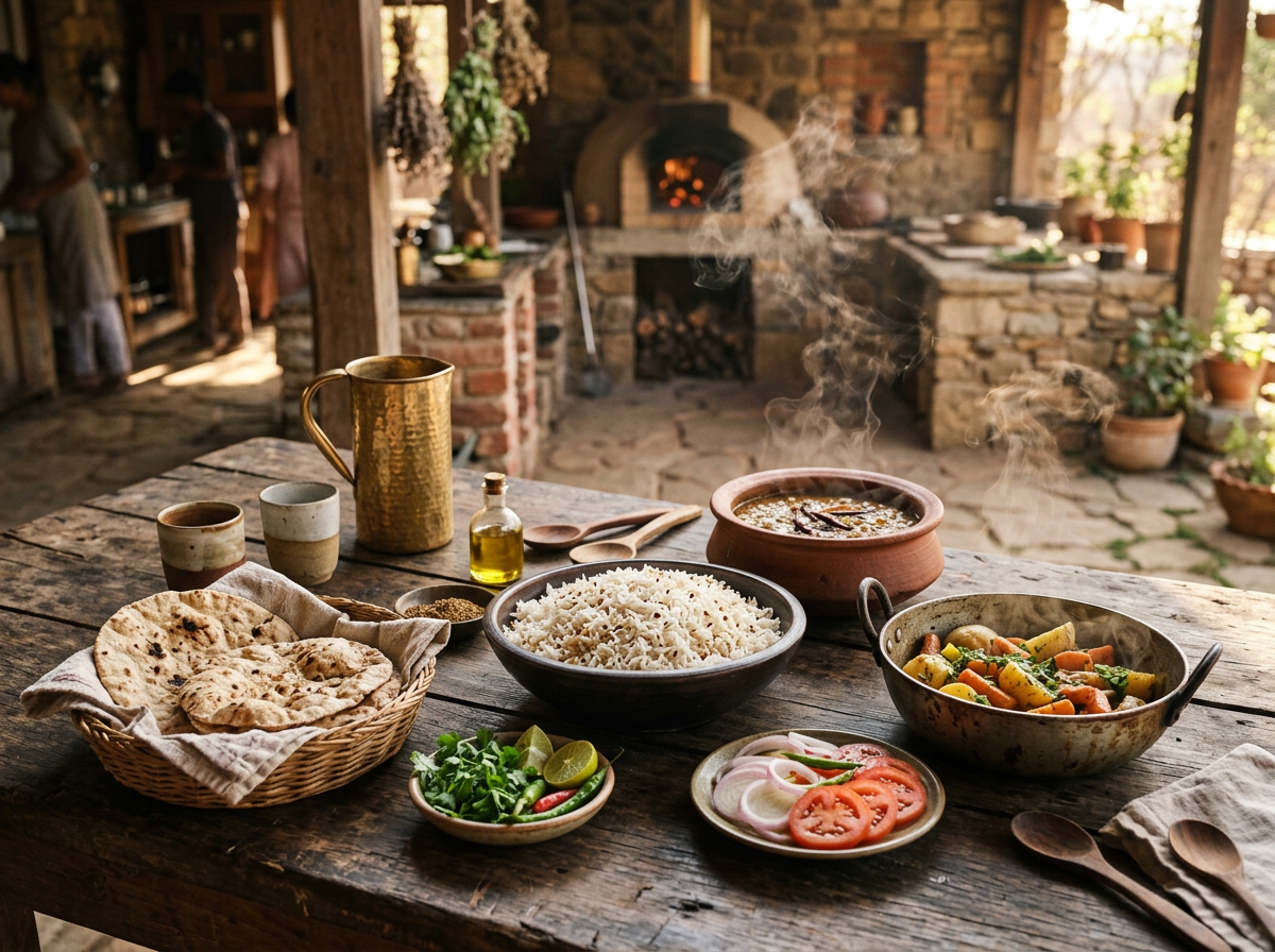 Steaming rice, curry, vegetable dish, flatbreads, and fresh salad on a wooden table