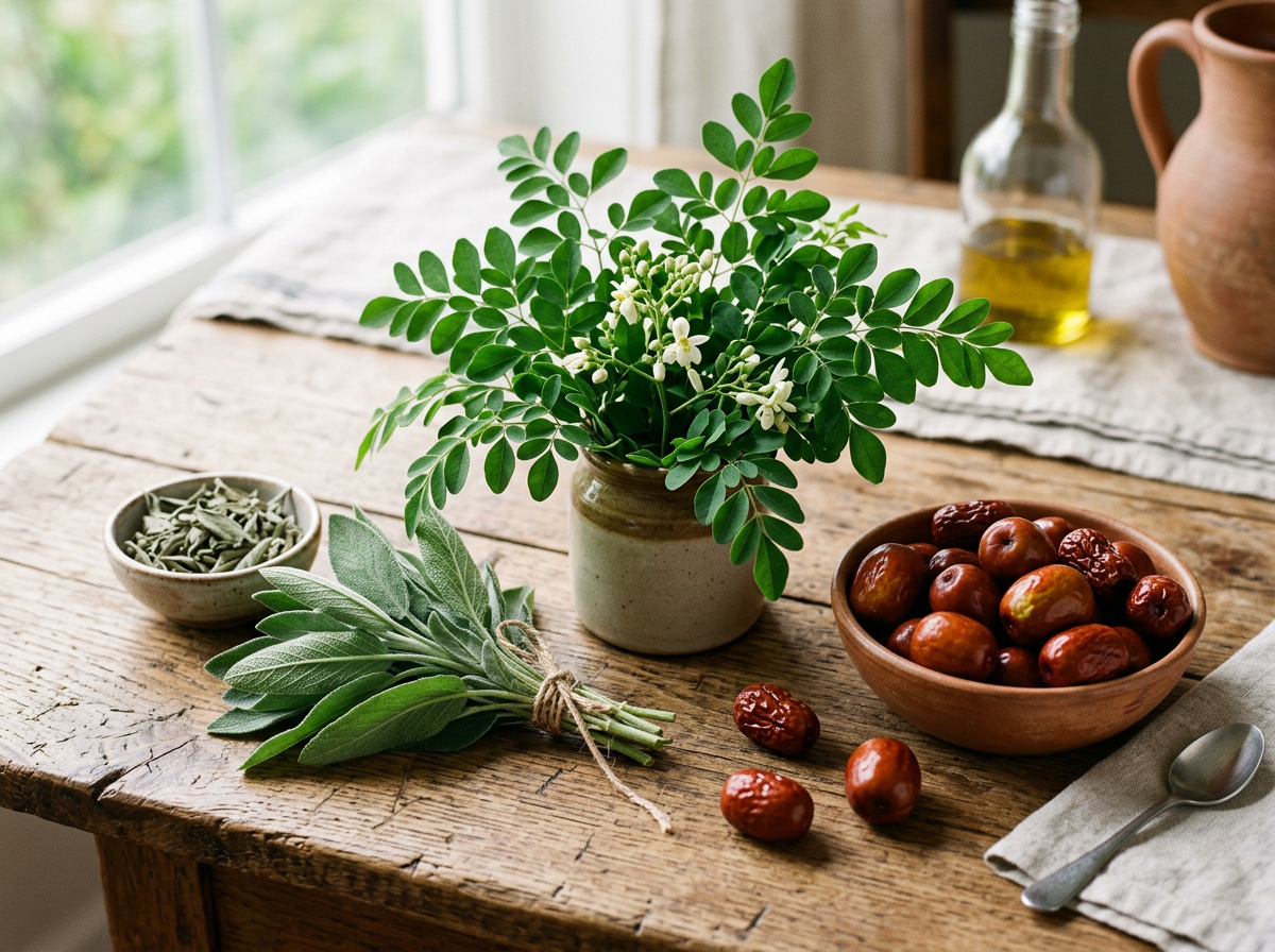 Fresh green herbs tied with twine, a potted green plant with white flowers, and a bowl of dates on a wooden table