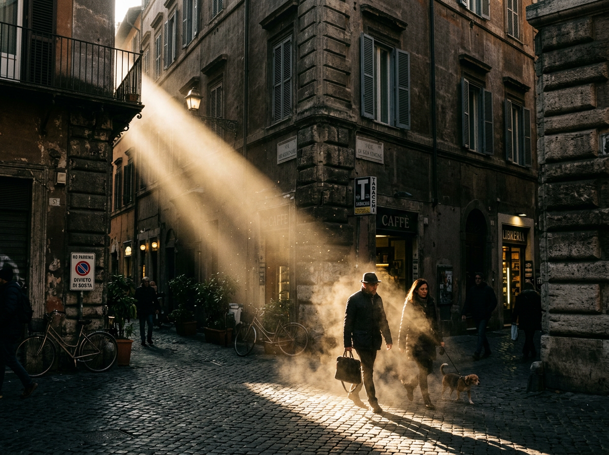 People walking a dog on a cobblestone street in sunlight beams