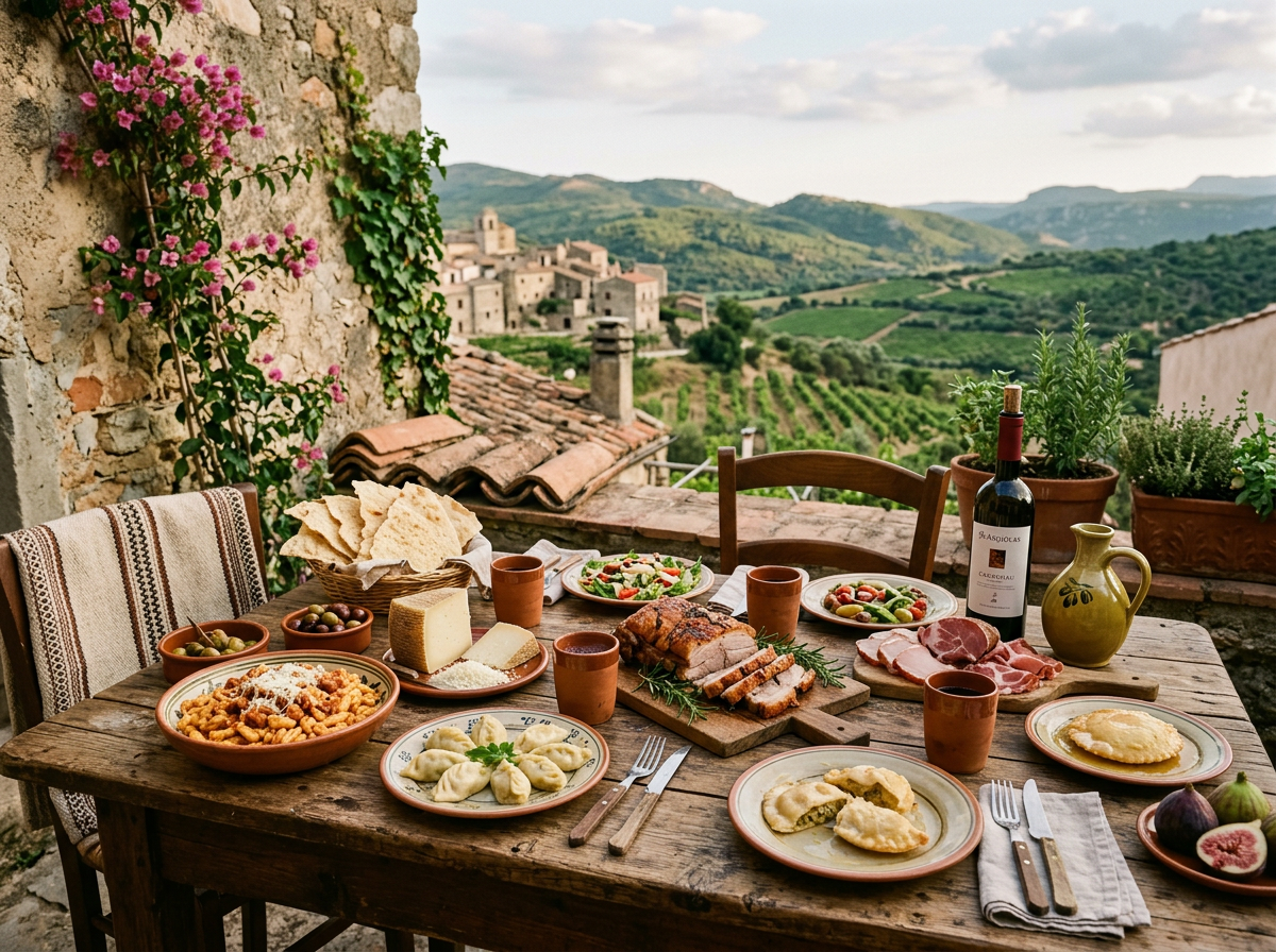 Rustic wooden table with Italian pasta, cheese, roasted meat, salad, bread, wine, and figs outdoors