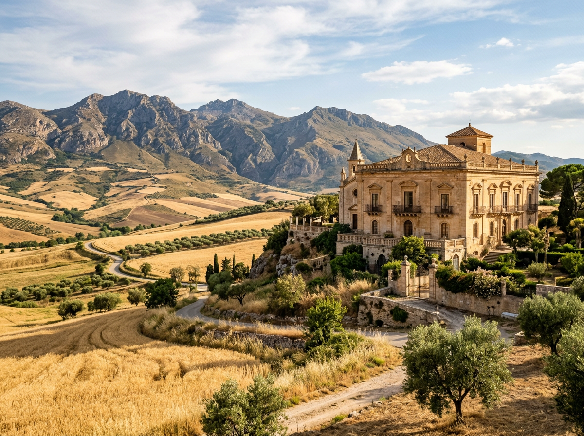 Historic stone villa amid golden farmland with winding roads and mountains
