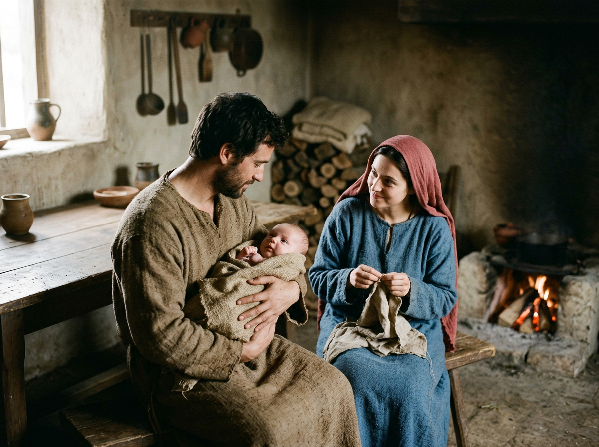 Man holding baby while woman knits near fireplace in rustic room