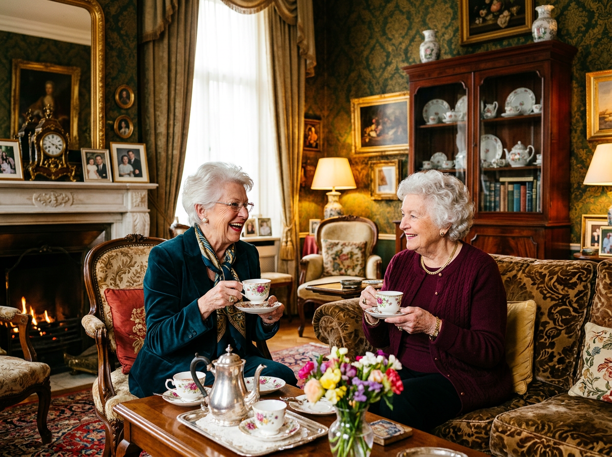 Two elderly women sitting in a vintage living room, drinking tea and smiling.