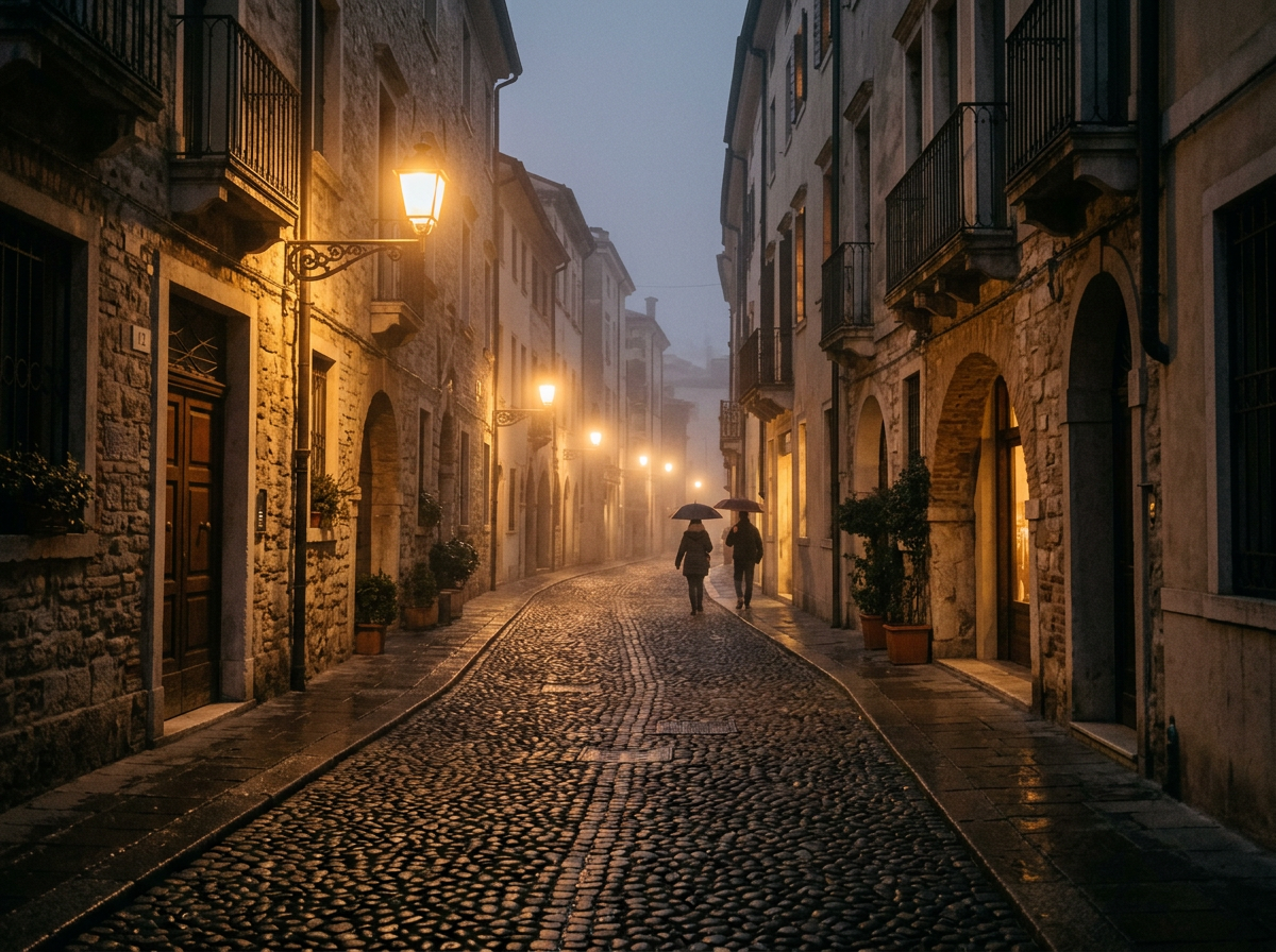 Two people walking with umbrellas on a cobblestone street lit by warm street lamps at dusk