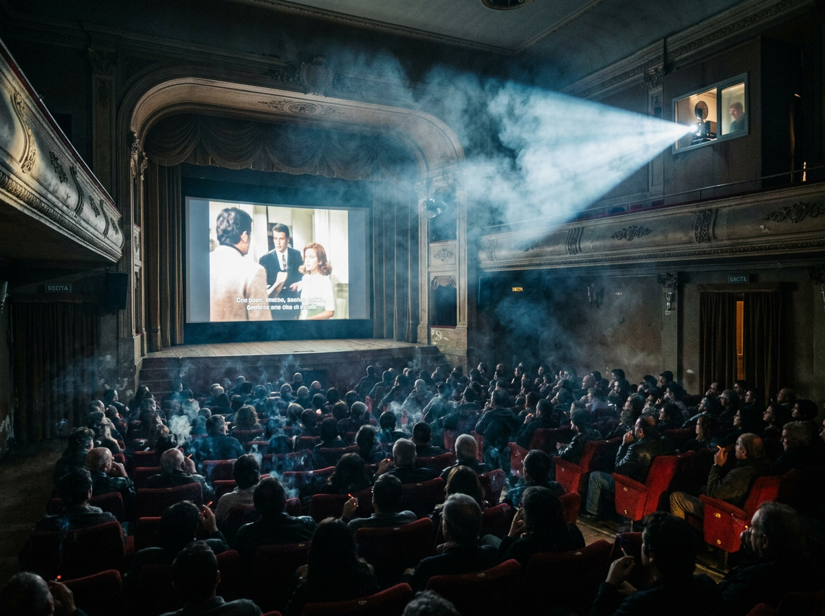 Audience watching a subtitled movie projected in a smoky vintage cinema