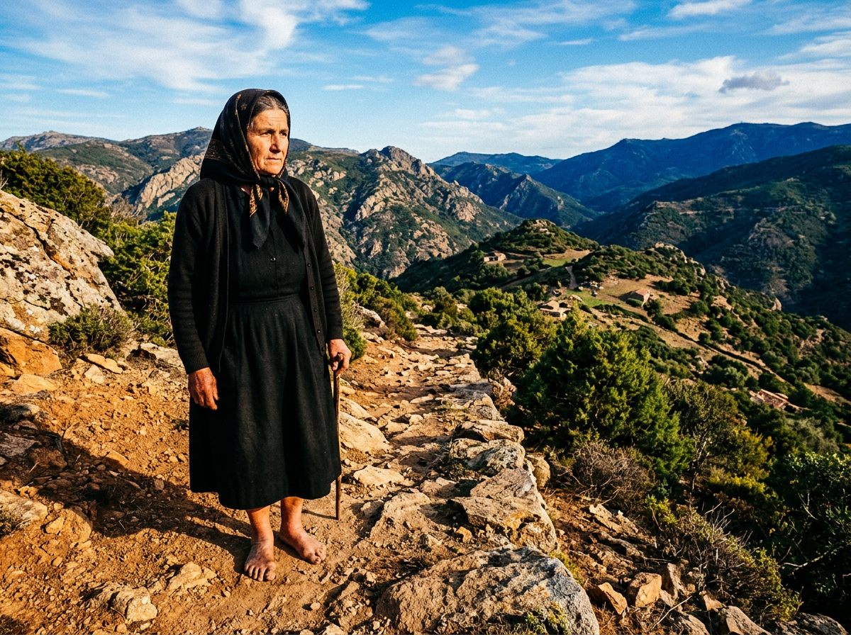 Barefoot widow in rugged Sardinian landscape