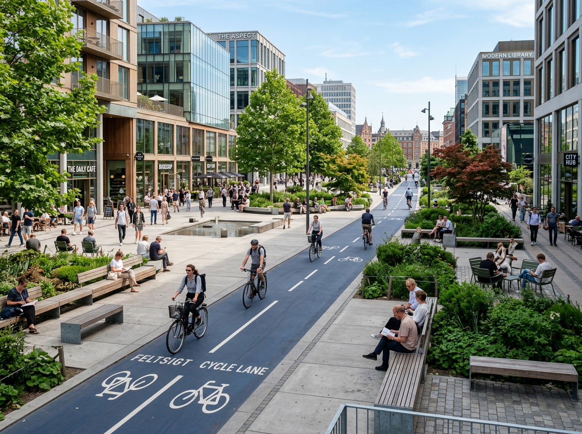 Urban street with cycle lanes, pedestrians walking and sitting, and modern buildings