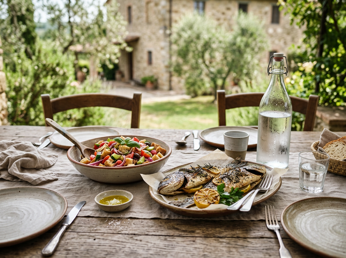 Grilled whole fish with lemon and salad on a rustic wooden table outdoors