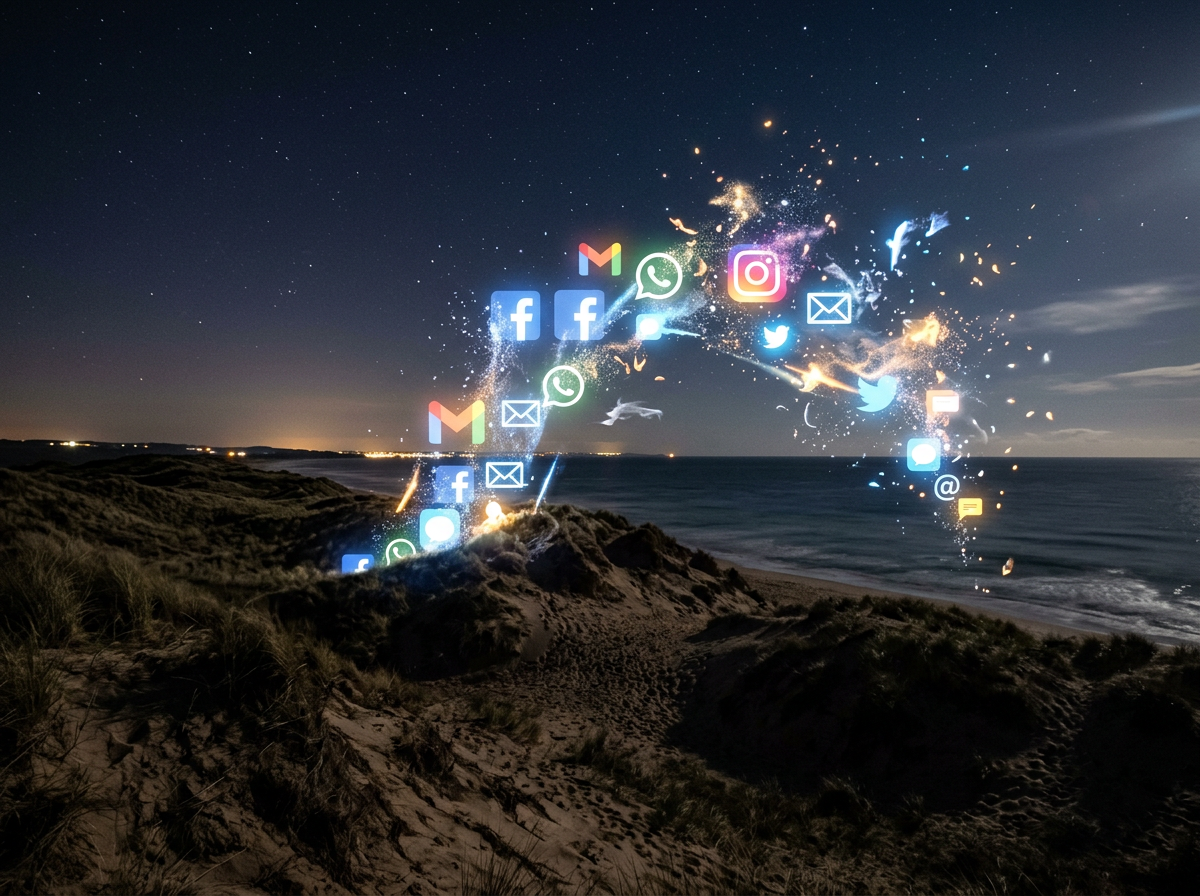 Glowing social media and messaging icons floating above dunes and ocean under starry night sky