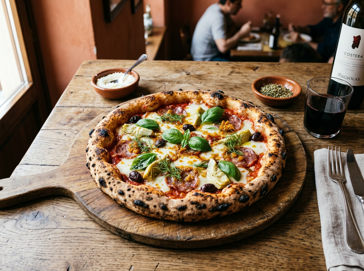 Rustic pizza with mozzarella, basil, artichokes, olives, and salami on wooden board
