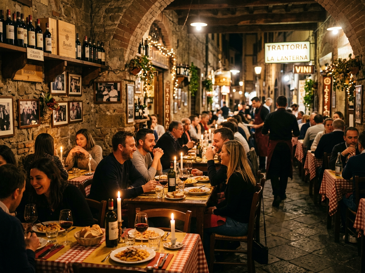 People dining and conversing at candlelit tables in an Italian trattoria with stone walls