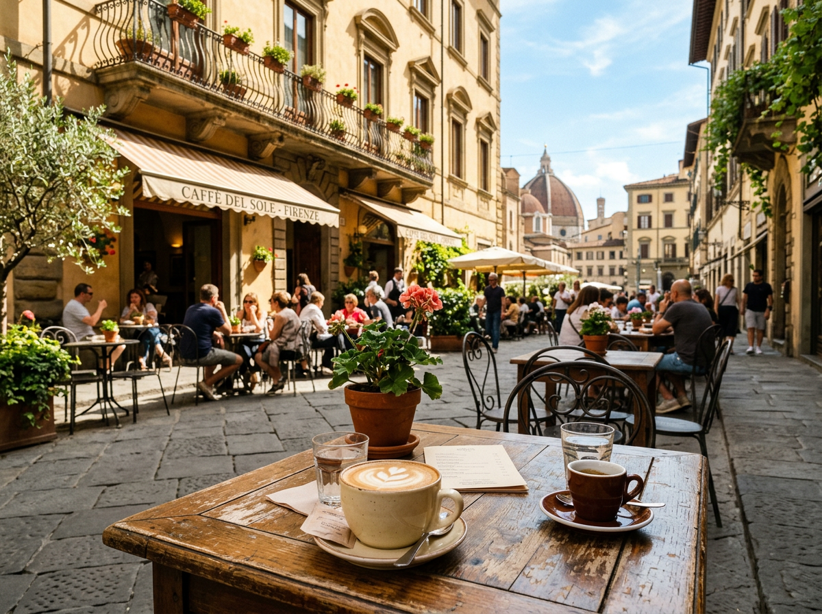 Outdoor café tables with coffee cups and people dining near Caffè del Sole, Florence