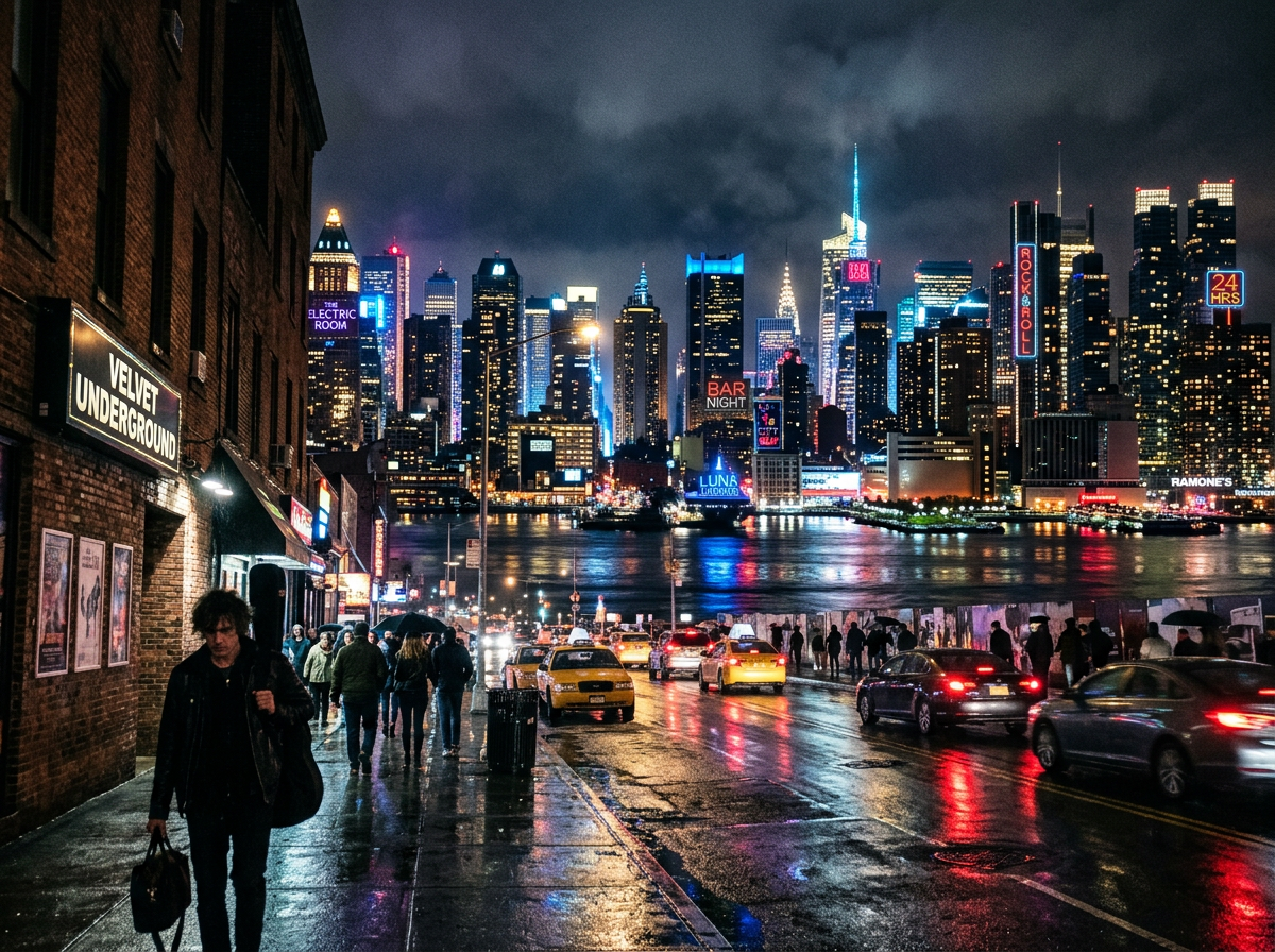 Wet city street at night with pedestrians, taxis, and illuminated skyscrapers across the water
