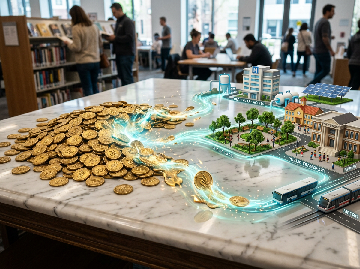 Golden coins flowing into miniature models of healthcare, public park, public transport, and library