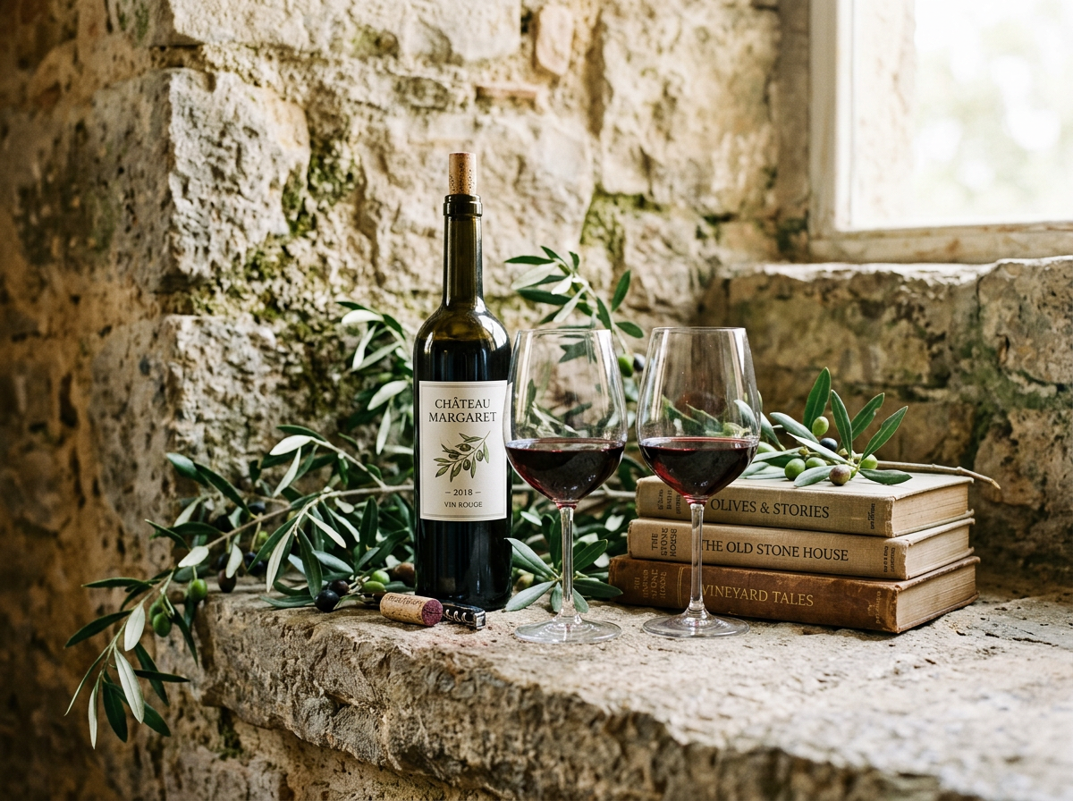 Bottle of Château Margaret red wine with two glasses filled with wine, olive branches, and stacked books on rustic stone surface