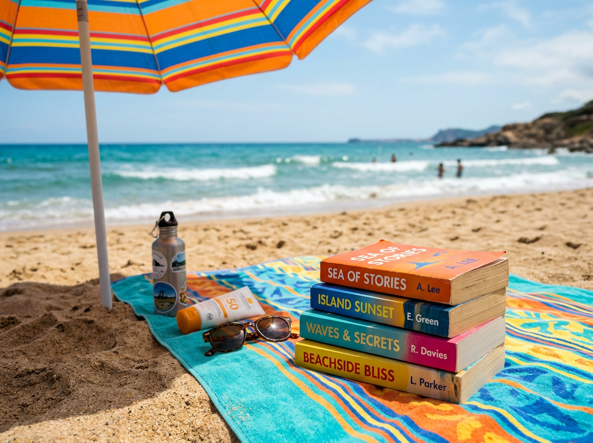 Stack of four beach-themed books, sunglasses, sunscreen, and a water bottle on a towel under a striped beach umbrella near the ocean