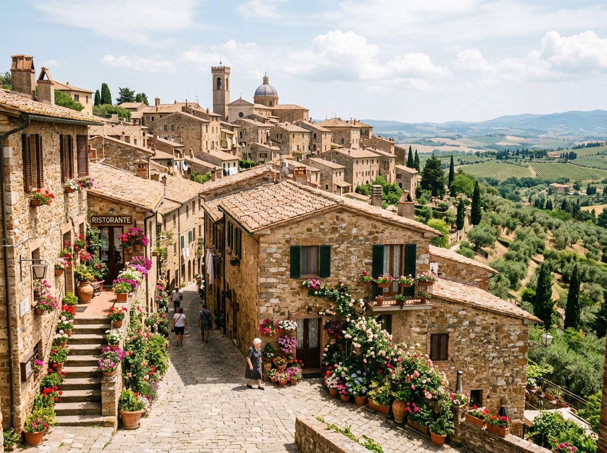 Stone buildings with colorful flower pots lining a narrow street in a Tuscan village