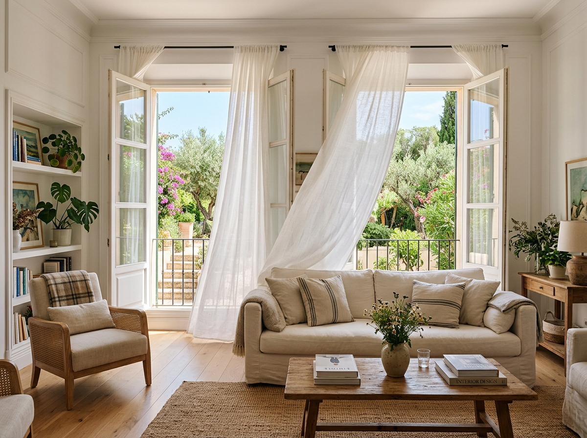 Living room with open double glass doors, sheer white curtains flowing, beige sofa, wooden table with vase, and green garden outside