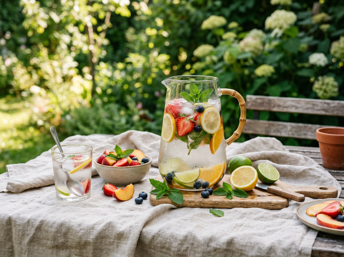 Pitcher of chilled water with lemon, lime, strawberries, blueberries, and mint