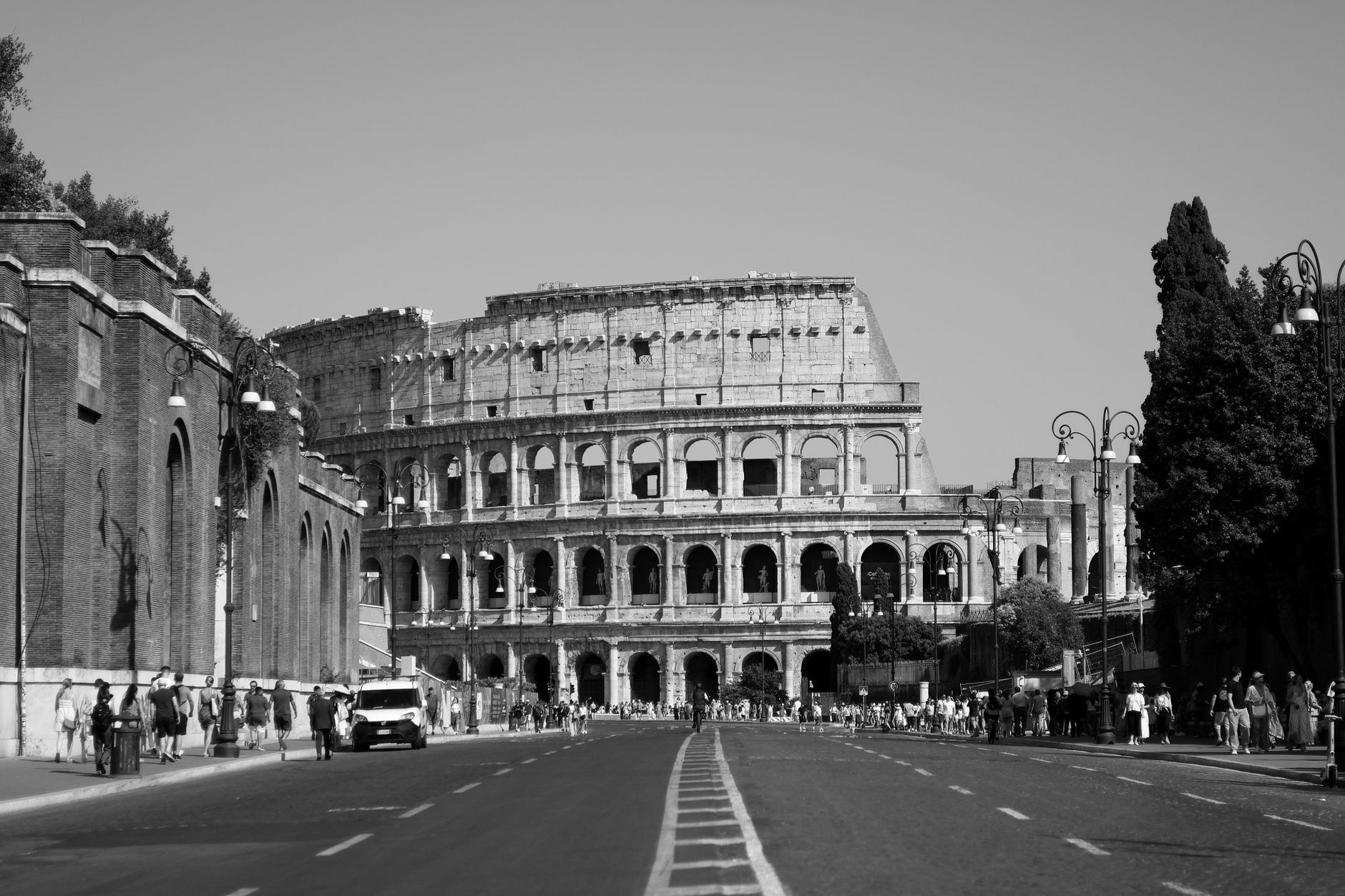 black and white view of the roman colosseum