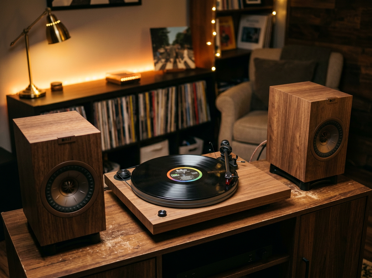 Wooden turntable playing vinyl record between two speakers in a cozy living room