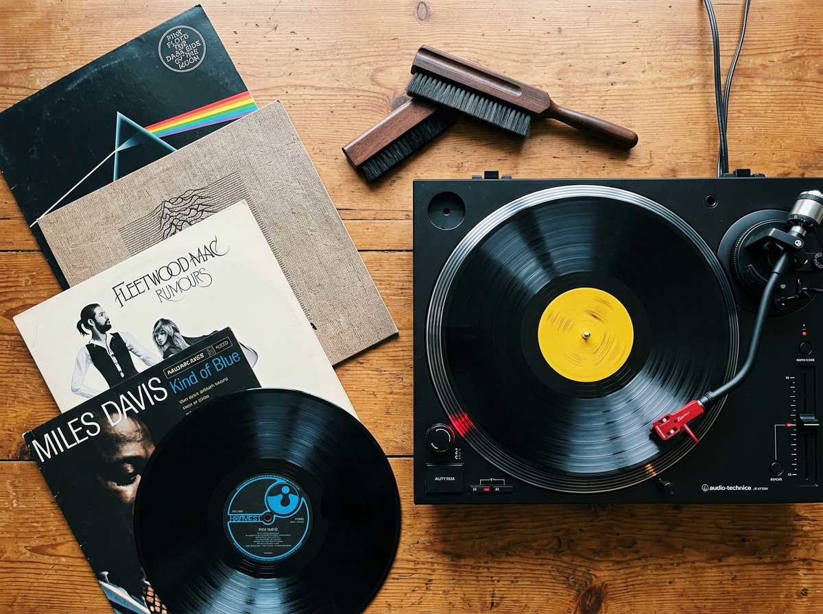 Turntable playing vinyl record next to several classic vinyl record covers