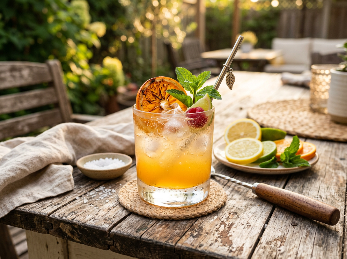 Glass of iced citrus cocktail with mint, raspberry, and dried orange garnish on wooden table