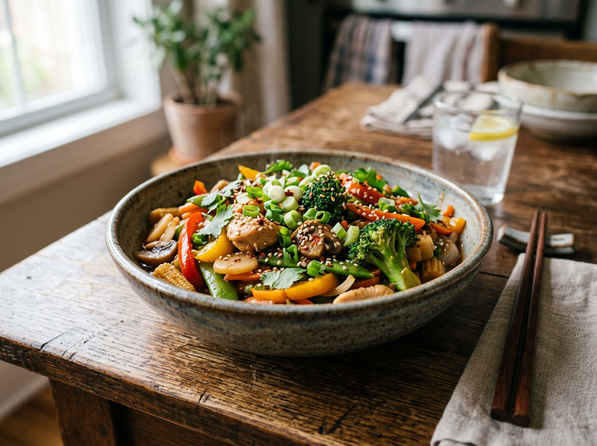 Bowl of vegetable stir-fry with broccoli, bell peppers, mushrooms, and sesame seeds