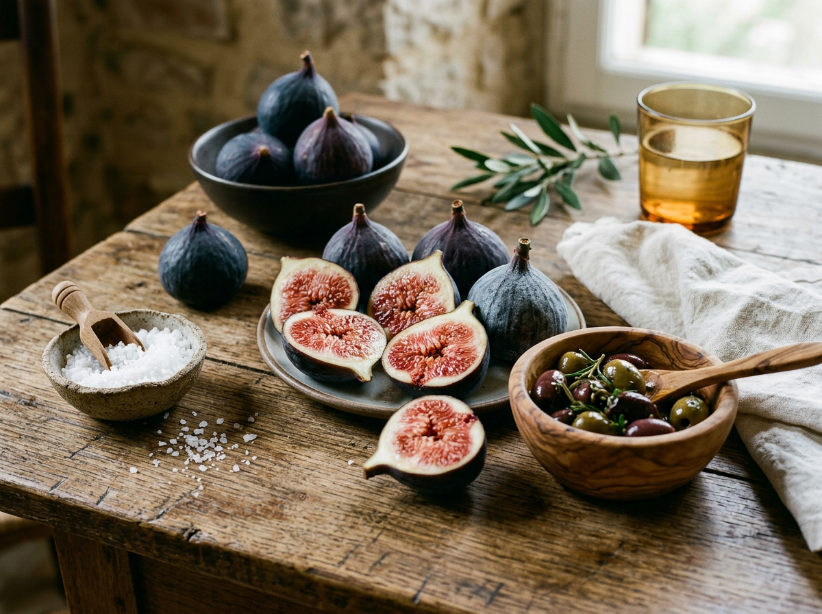 Fresh whole and halved figs on a plate, a bowl of mixed olives, a bowl of coarse salt with wooden scoop, and a glass of amber liquid on a wooden table