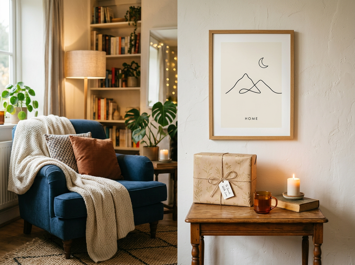 Cozy living room with framed minimalist poster and gift