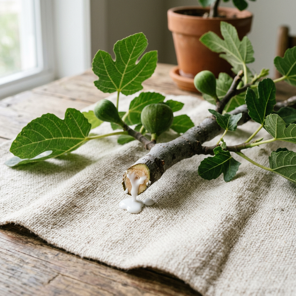 Cut end of fig branch with milky sap oozing out on a beige cloth