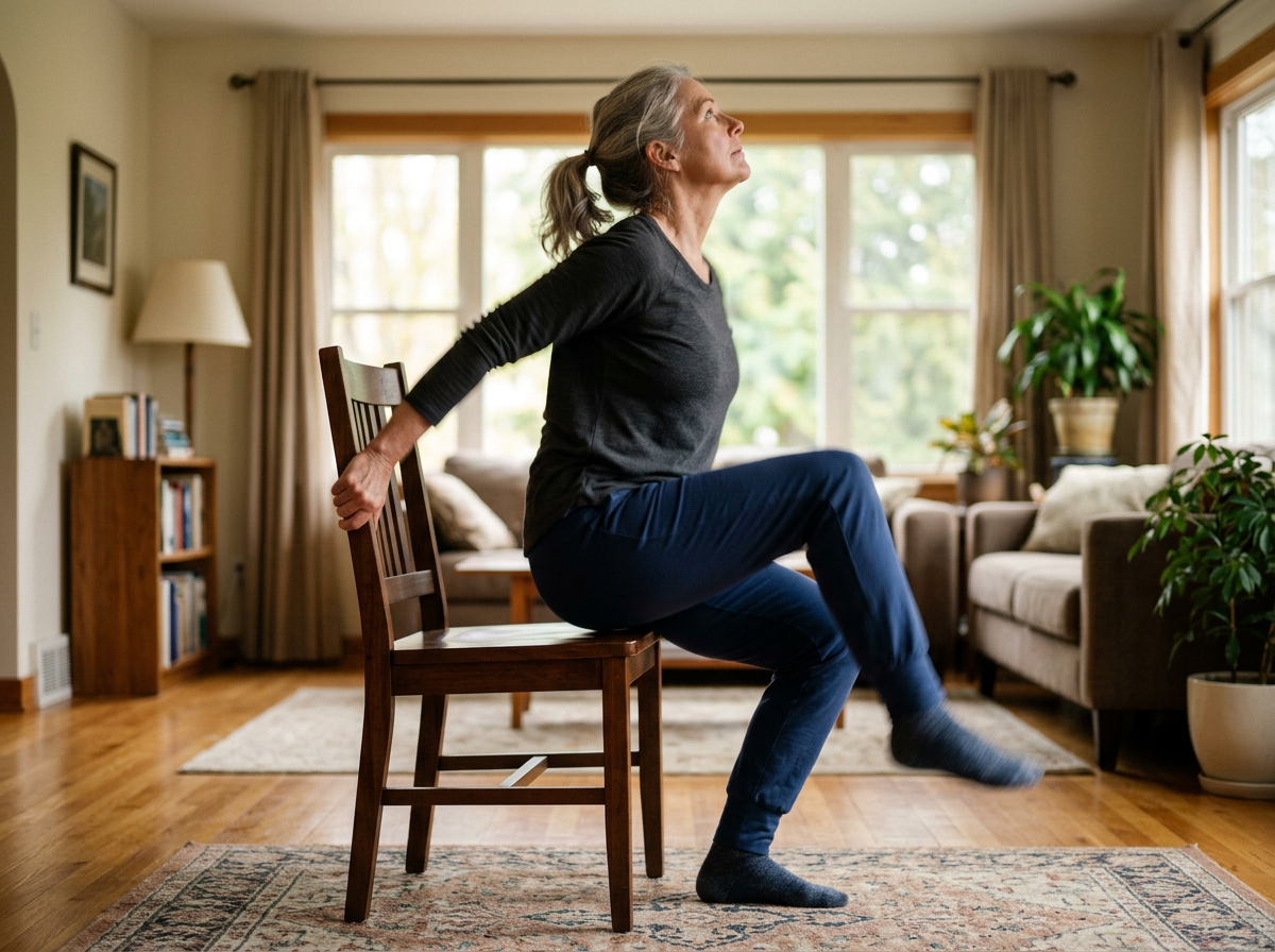 Senior woman exercising at home using a wooden chair for support