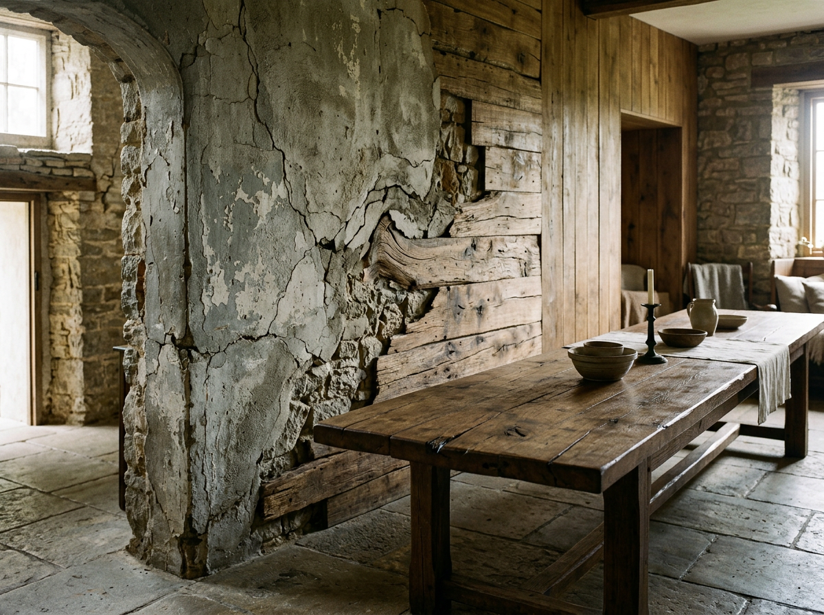 Rustic wooden dining table with bowls and candlestick in stone and wood interior