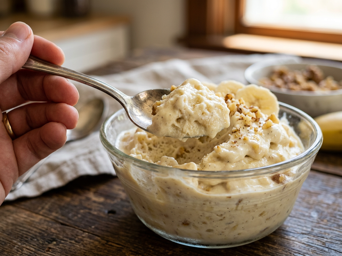 Spoon lifting creamy banana dessert with walnuts from a glass bowl
