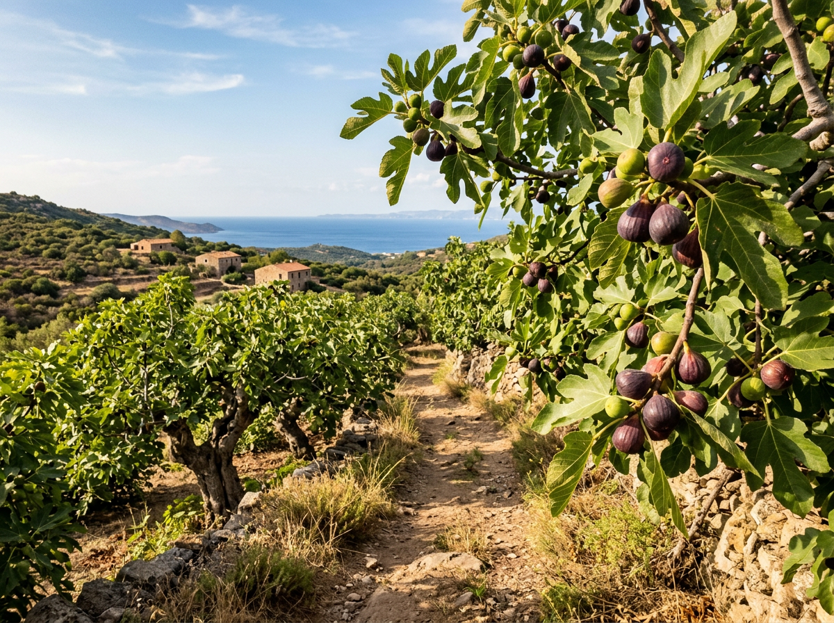 Fig orchard with ripe figs and a path leading to houses near the sea