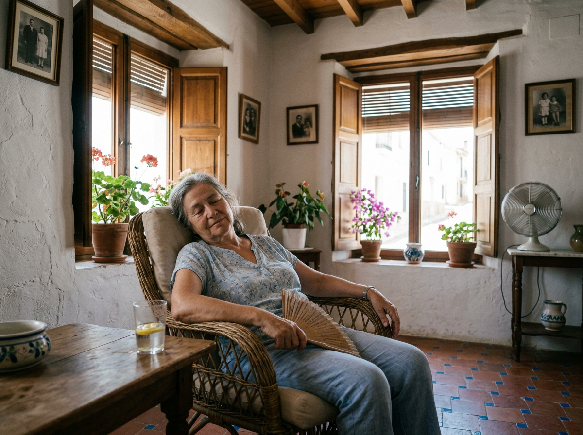 Older woman resting in a wicker chair with a hand fan indoors