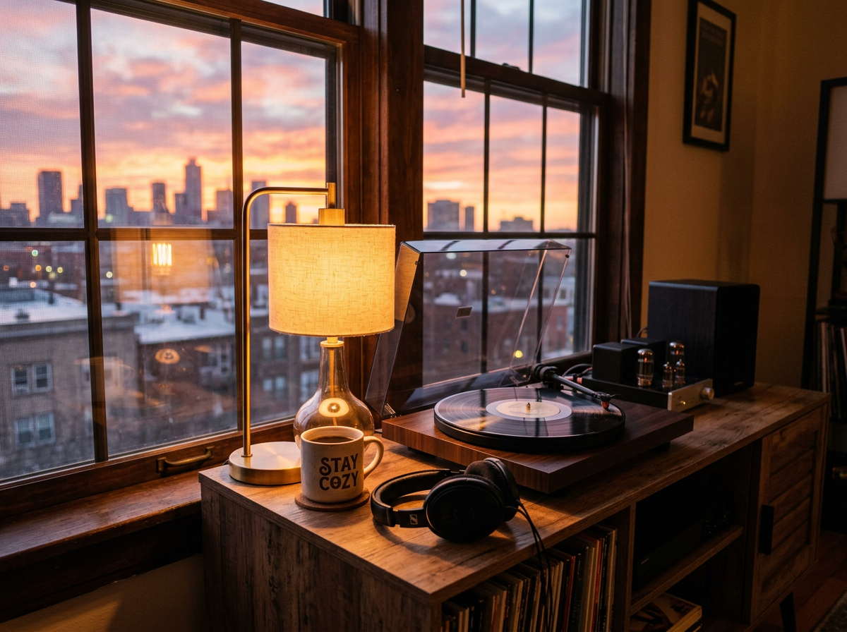 Turntable, headphones, coffee mug, and lamp beside sunset city windows